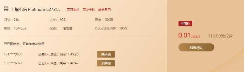 0.01撸2个月 100G防御服务器 